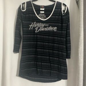 Harley-Davidson Black Striped Cold-Shoulder Long Sleeve Top with White Trim